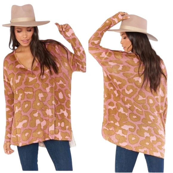 Show Me Your MuMu Sweaters - SHOW ME YOUR MUMU Pink Leopard Cliffside V-Neck Sweater Women's Size XL